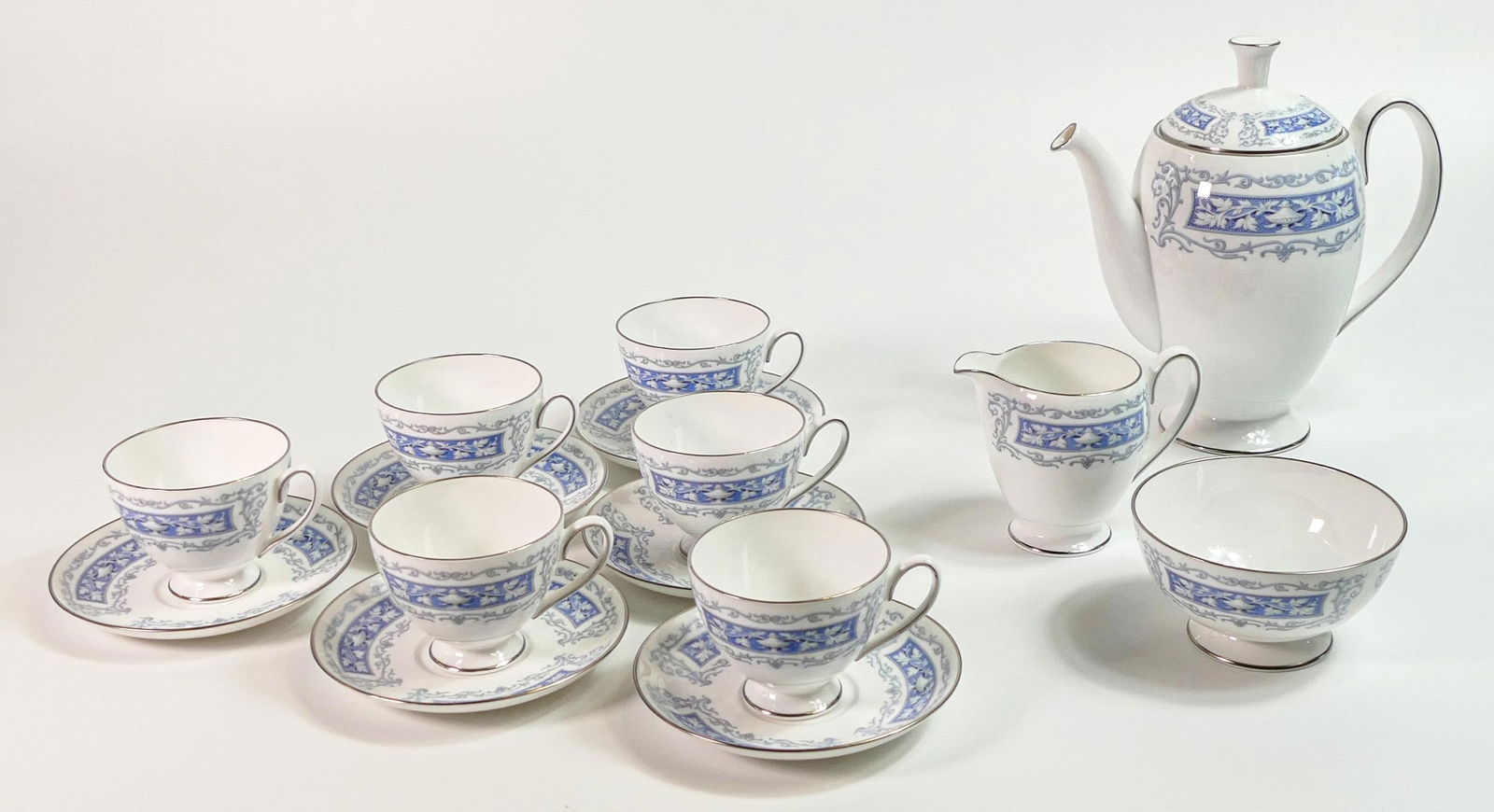 Shelley coffee set, Carlisle shape, pattern 14258 Columbia consisting of coffee pot, 6 coffee cups & (1 of 2)