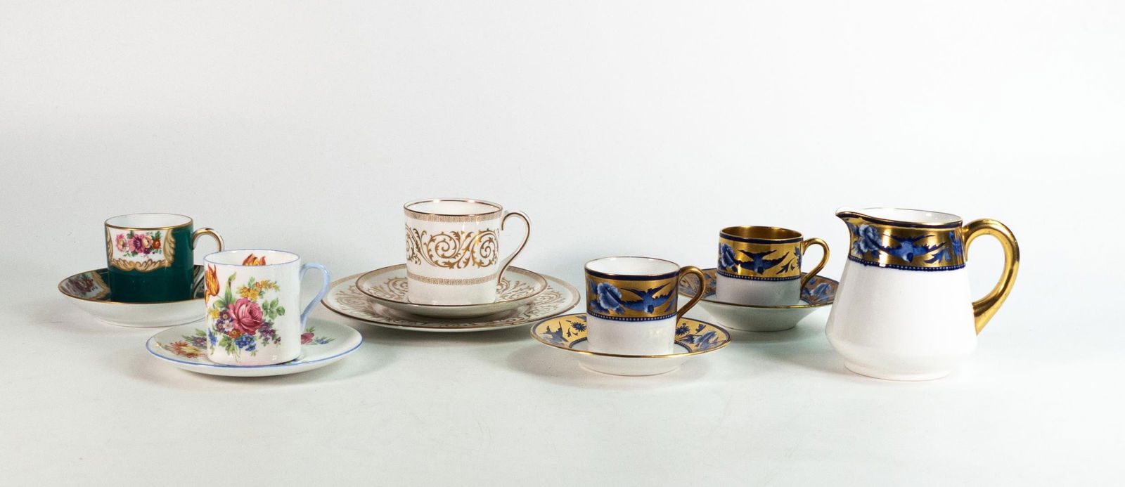 Wileman can & saucer together with 5 Mocha cans & saucers and cream jug. Patterns 8089, 8189, 14292, (1 of 2)