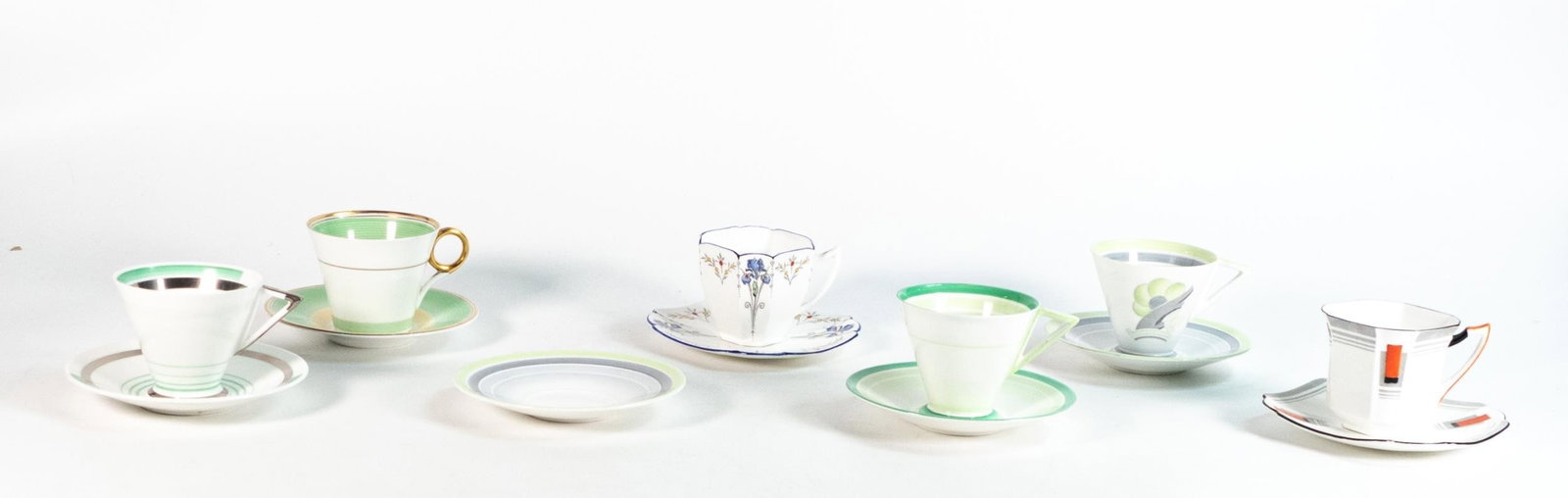 Six Shelley coffee cups and saucers to include - Eve 12294, 12133, 11959, Princess 12252, Regent: Six Shelley coffee cups and saucers to include - Eve 12294, 12133, 11959, Princess 12252, Regent 12521/120 and Queen Anne 11561 (12 pieces)