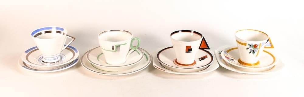 A collection of Art Deco Shelley trios to include 11793 Vogue shape, 11778 Vogue shape, 12317 Oxford: A collection of Art Deco Shelley trios to include 11793 Vogue shape, 11778 Vogue shape, 12317 Oxford shape & 12133 Eve shaped (4) some issues noted.