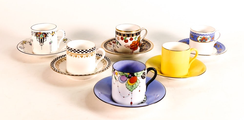 Shelley Mocha cans & saucers x 6. Pattern No's 11509, 11259, 8524, 11441/29, 8775/3 and 10797. (12: Shelley Mocha cans & saucers x 6. Pattern No's 11509, 11259, 8524, 11441/29, 8775/3 and 10797. (12 Pieces)
