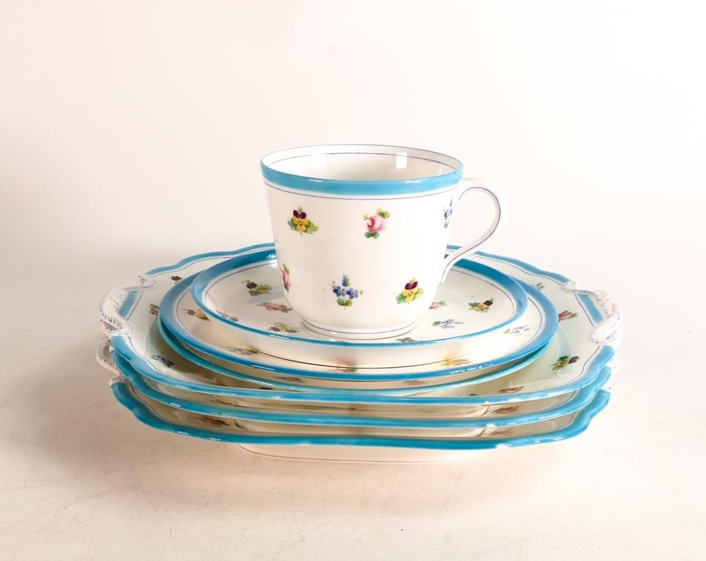 Minton retailed by Bordier, Geneva. Pattern 9187 part breakfast set. Painted with Cabbage Roses,: Minton retailed by Bordier, Geneva. Pattern 9187 part breakfast set. Painted with Cabbage Roses, Pansies and Violets. Turquoise band border. Consisting of three sandwich plates, breakfast trio and sid