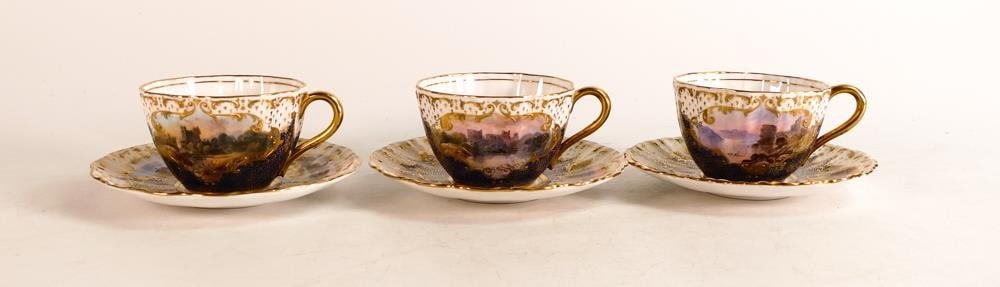 Three Royal Doulton hand painted tea cups and saucers. Painted with castle landscapes by J. H. (1 of 4)