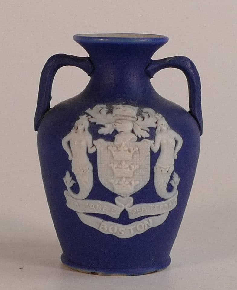 Wedgwood Jasper ware miniature Portland vase, decorated with the coat of arms for Boston, C1900, a (1 of 3)