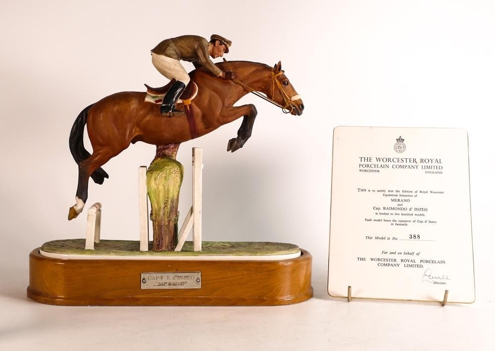 Royal Worcester horse 'Captain Raimondo D'Inzeo on Merano', 3745, modelled by Doris Lindner, limited: Royal Worcester horse 'Captain Raimondo D'Inzeo on Merano', 3745, modelled by Doris Lindner, limited edition with certificate. 28.5cm high