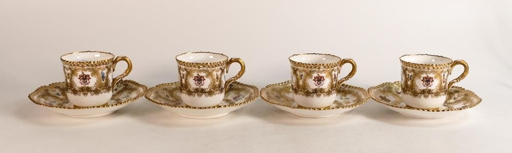 Four Royal Worcester hand painted Armorial tea cup and saucer duos. Front reserve bears the Coat of (1 of 4)