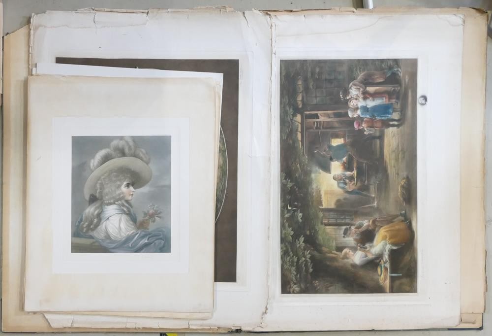 A Folio of 19th century prints and engravings to include examples after Francis Wheatley, Richard: A Folio of 19th century prints and engravings to include examples after Francis Wheatley, Richard Westall, Meissonier, John Cother Webb. Dimensions of folio, Height: 89.5cm Width: 67cm
