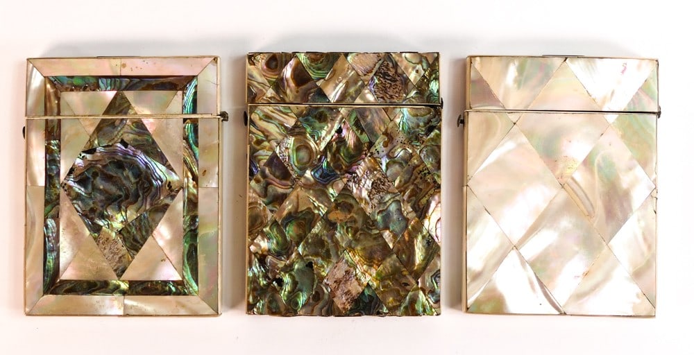 Three Abalone veneered card cases. Height: 10.7cm Width: 8cm (3) (1 of 6)