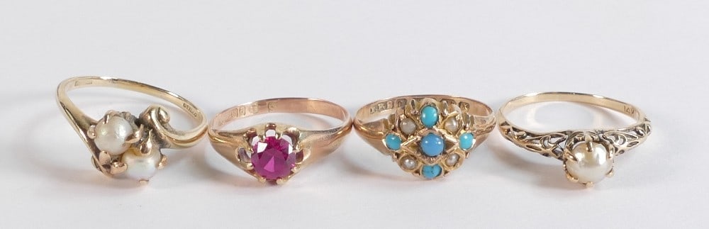 4 x gold rings set with various mixed stones/ pearls, one marked 14ct (1.49g), and 3 x 9ct, gross (1 of 2)