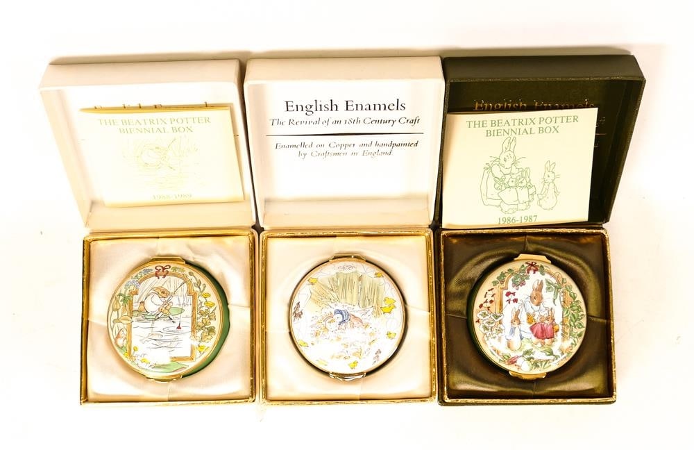 Three Beatrix Potter Crummles English Enamels to include 1988/89 Annual Beatrix Potter box BP36,: Three Beatrix Potter Crummles English Enamels to include 1988/89 Annual Beatrix Potter box BP36, 1986/87 Annual Beatrix Potter box BP35 and 1990/91 Annual Beatrix Potter box BP37, boxed (3)