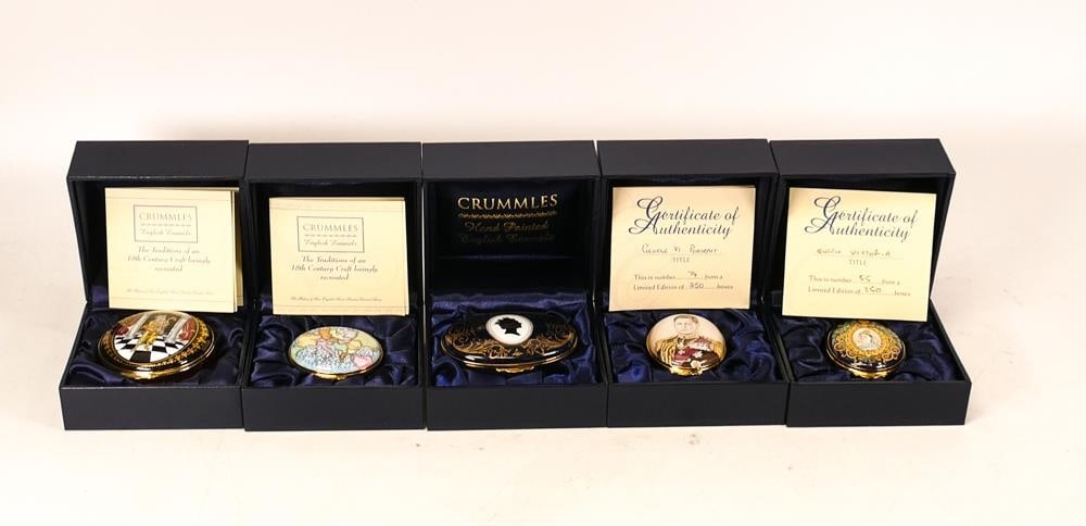 Five limited edition Crummles English Enamels to include George VI portrait 74/250, Queen Victoria: Five limited edition Crummles English Enamels to include George VI portrait 74/250, Queen Victoria Portrait 1819 - 1901 55/250, Exclusive for the Orient Express 28/250, A Wandering Minstsel I 114/250 