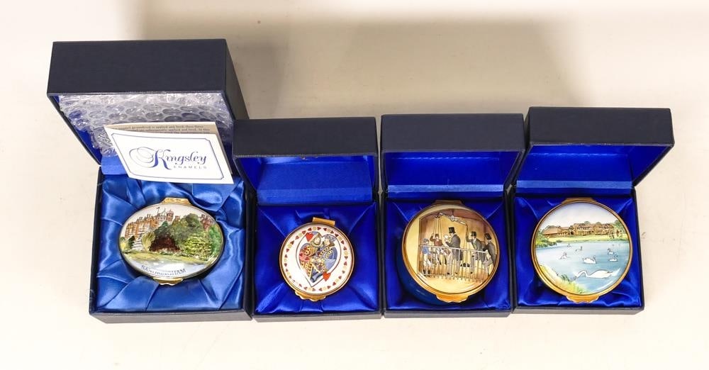 Four Kingsley enamelled boxes to include Sandringham , King & Queen, Epson weighing room and (1 of 3)