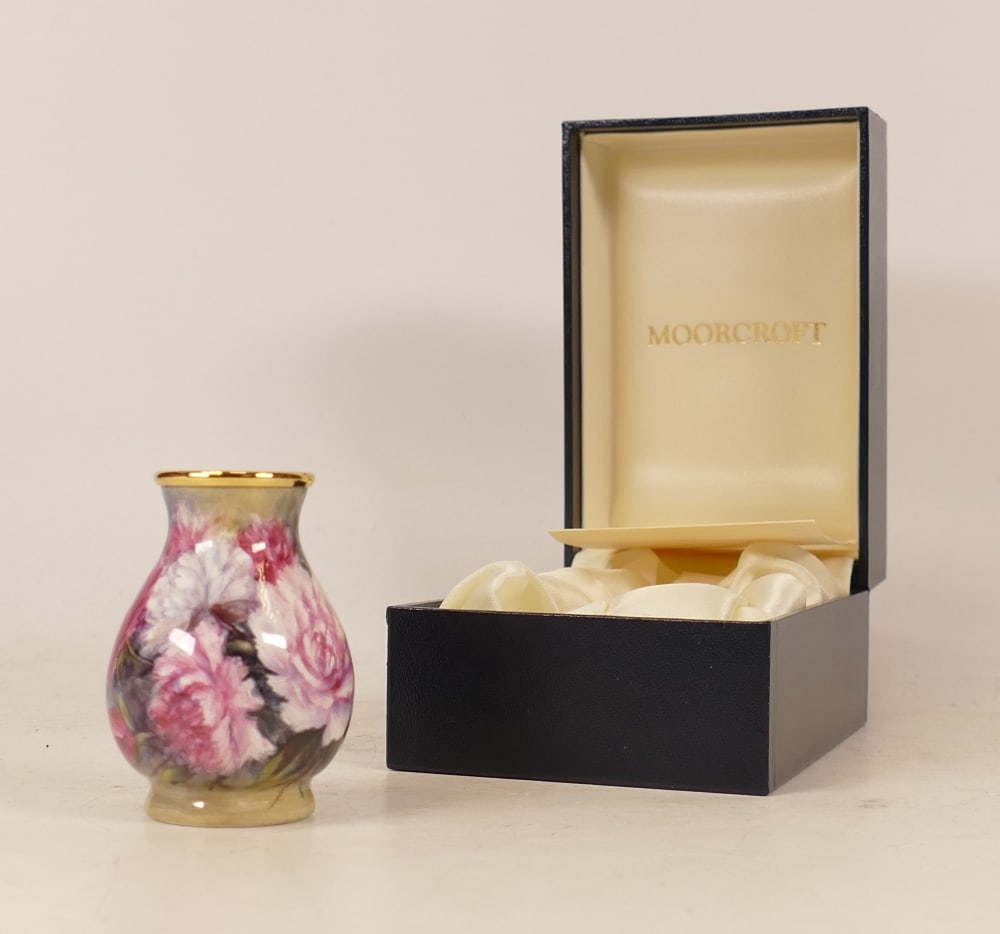 Moorcroft enamel Pansy vase by Nigel Creed, Limited edition. Boxed with certificate. Height 6cm (1 of 4)