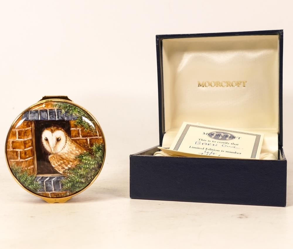 Moorcroft enamel Barn Owl round lidded box by Terry Halloran, Limited edition number 44. Boxed (1 of 7)
