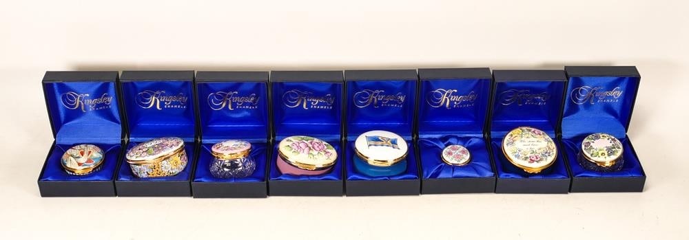 Eight Kingsley enamelled boxes to include Stena sealine, Roses, Who opens this must have a kiss,: Eight Kingsley enamelled boxes to include Stena sealine, Roses, Who opens this must have a kiss, floral, 1997, Pansy, swags and bows and poppies . All boxed (8)