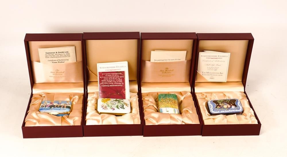 Four limited edition Staffordshire Enamels to include rectangular Gone Fishin' lidded box 27/250,: Four limited edition Staffordshire Enamels to include rectangular Gone Fishin' lidded box 27/250, rectangular Passion Flower lidded box 27/250, rectangle Monet Monet lidded box 27/50 and rectangle Sti