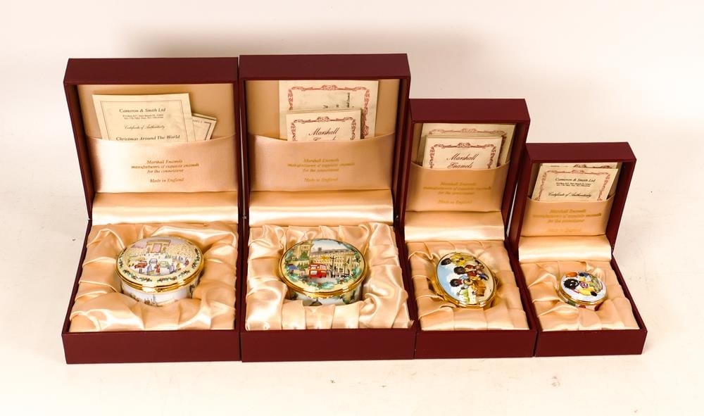 Four limited edition Marshall Enamels to include Christmas Around the Worls Regent Street London,: Four limited edition Marshall Enamels to include Christmas Around the Worls Regent Street London, Christmas Around the World Champs-Elnsees, Golly & Balloons 27/500 and Golly Musucuans, boxed with