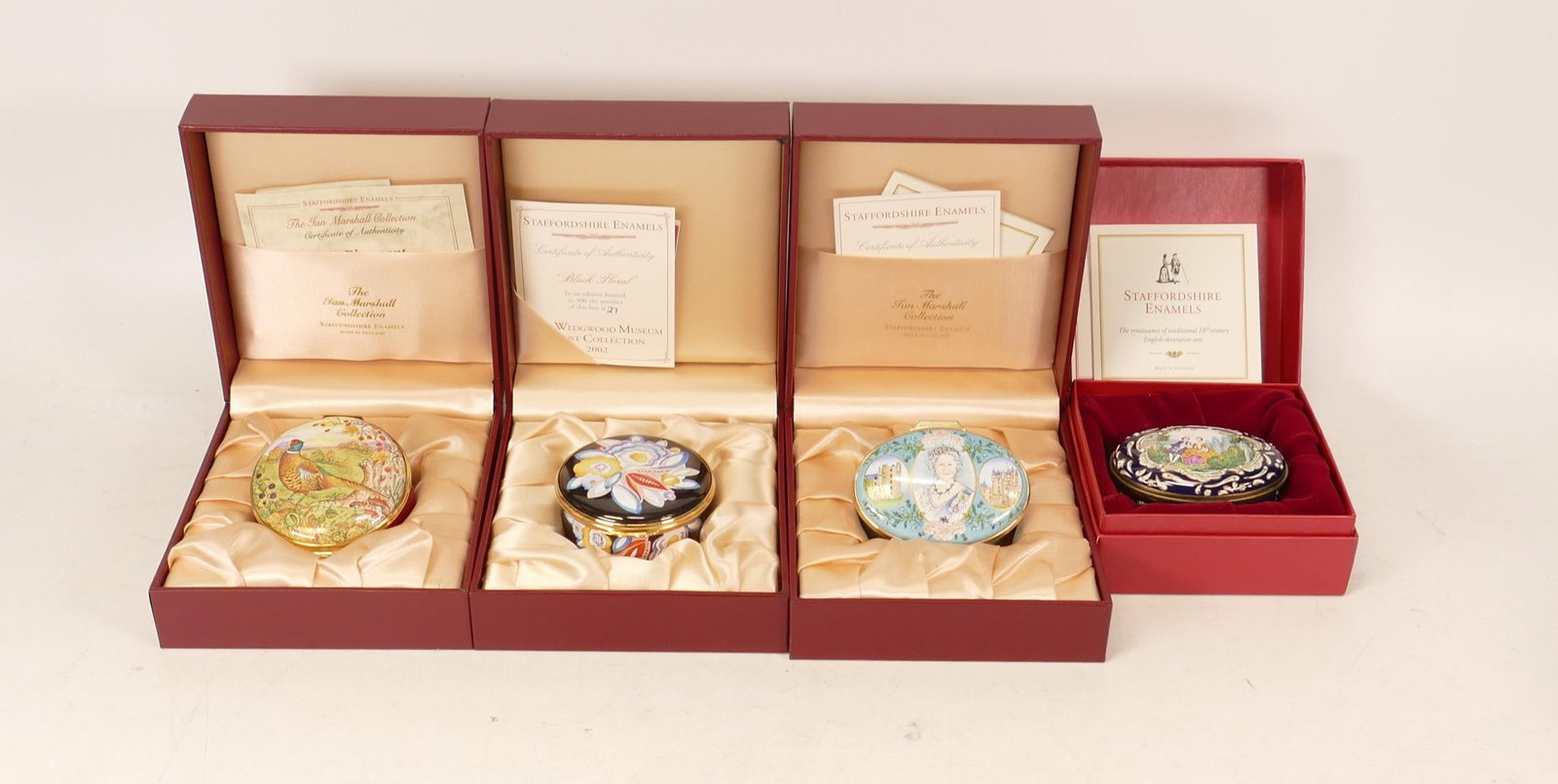 Four limited edition Staffordshire Enamels to include oval In the Park lidded box 204/500, round The: Four limited edition Staffordshire Enamels to include oval In the Park lidded box 204/500, round The Pheasants lidded box 27/350, oval Queen Mother Celebrate lidded box 25/101 and round Black Floral l