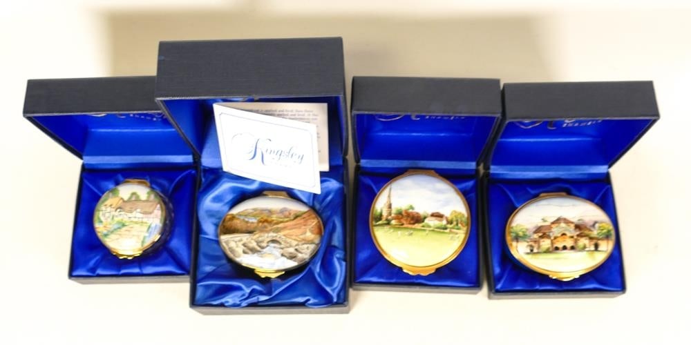 Four Kingsley enamelled boxes to include Ann Hathaway's cottage, Stamford University, Ashren (1 of 3)