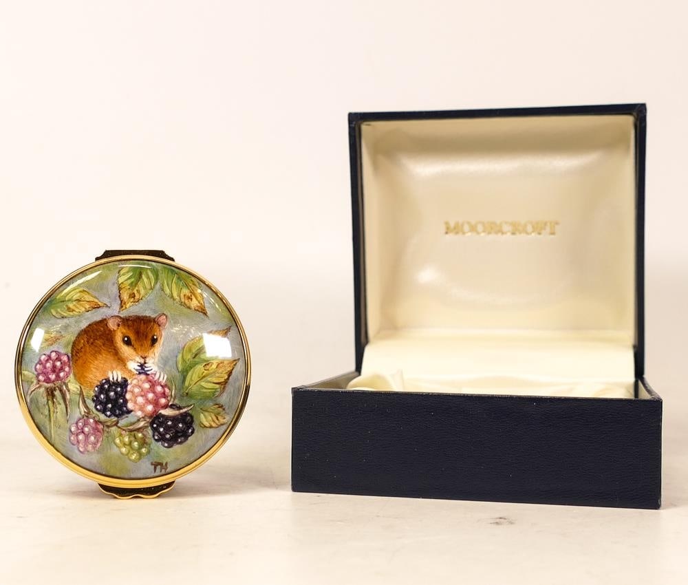 Moorcroft enamel Wood mouse round lidded box by Terry Halloran, Limited edition 43/50. Boxed with (1 of 7)
