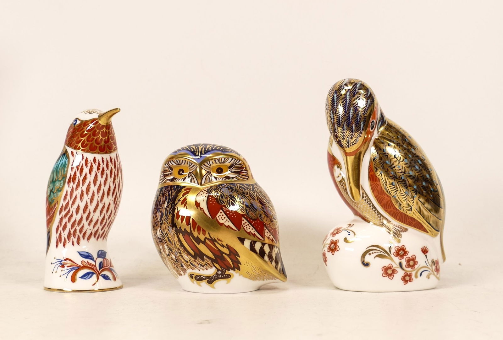Three Royal Crown Derby paperweights, King Fisher, Humming Bird & Owl, gold stopper, boxed(3) (1 of 1)
