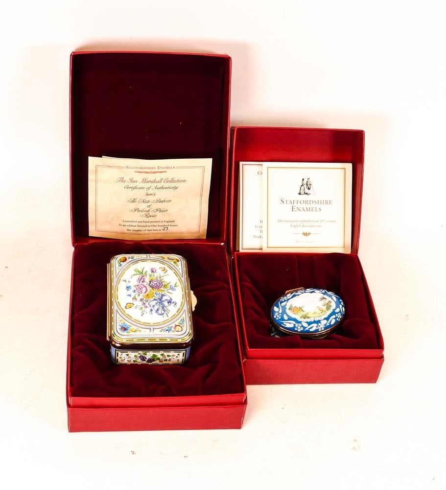 Two limited edition Staffordshire Enamels to include oval Des Oiseaux lidded box 235/500 and (1 of 3)
