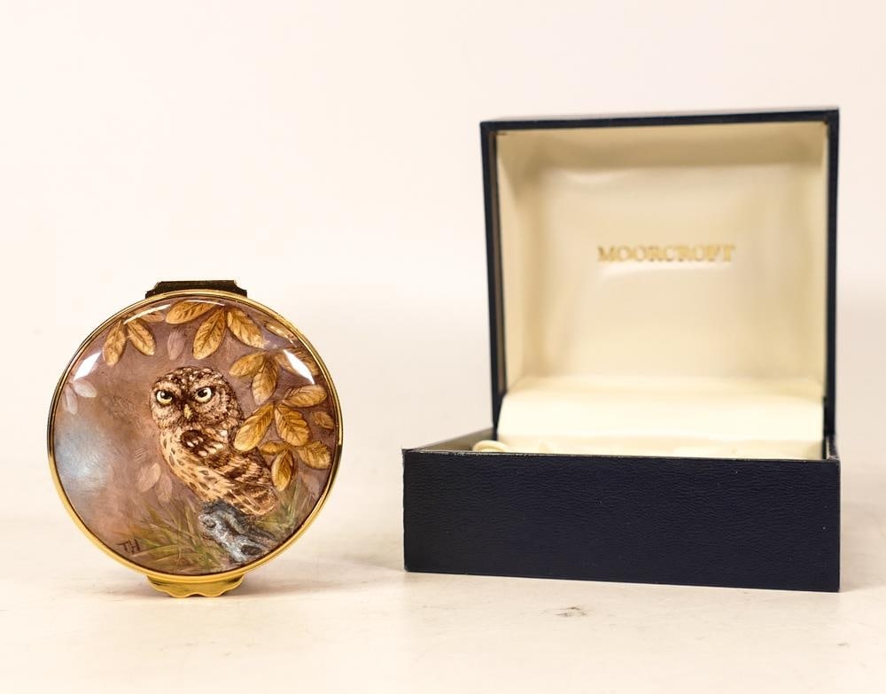 Moorcroft enamel Little Owl by Terry Halloran, Limited edition 28/50. Boxed with certificate.: Moorcroft enamel Little Owl by Terry Halloran, Limited edition 28/50. Boxed with certificate. Diameter 5.5cm
