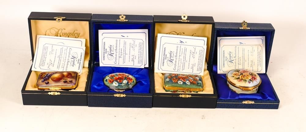 Four limited edition Kingsley enamels to include oval poppies lidded boxes 7/250, rectangular: Four limited edition Kingsley enamels to include oval poppies lidded boxes 7/250, rectangular fruit lidded box 93/250, round roses lidded box 11/250 and rectangular poppies lidded box 21/250, boxed wi