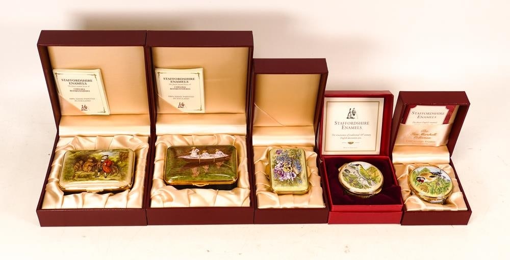 Five limited edition Staffordshire Enamels to include woodpecker round lidded box 24/25, Claude (1 of 2)