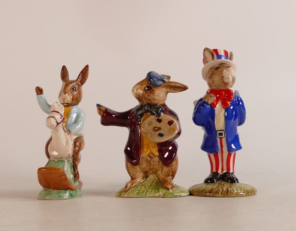 Royal Doulton Bunnykins figures The Artist DB13, Tally Ho! DB78 and Uncle Sam DB50 (3): Royal Doulton Bunnykins figures The Artist DB13, Tally Ho! DB78 and Uncle Sam DB50 (3)