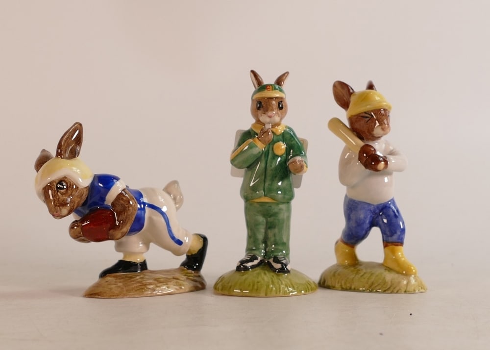Royal Doulton Bunnykins figures Home Run DB43, Stopwatch DB253 and Touchdown DB29, 2 boxed (3): Royal Doulton Bunnykins figures Home Run DB43, Stopwatch DB253 and Touchdown DB29, 2 boxed (3)