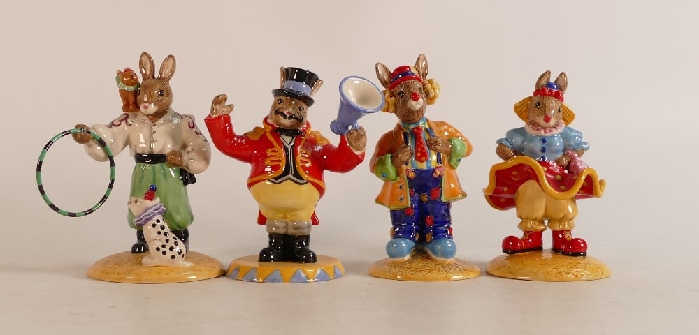 Royal Doulton Bunnykins figures Clarisa the Clown : DB331, Clarence the Clown DB332, Randolph the: Royal Doulton Bunnykins figures Clarisa the Clown : DB331, Clarence the Clown DB332, Randolph the Ringmaster DB330 and Trio the Trixstar DB333, boxed (4)