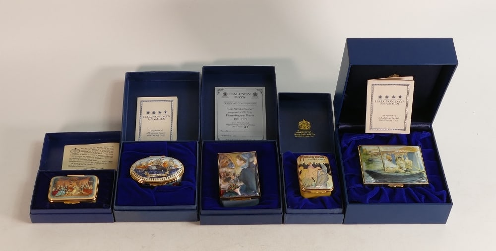 Halcyon days enamelled lidded boxes to include Monet The Barge, Beggars opera, Moulin Rouge, La: Halcyon days enamelled lidded boxes to include Monet The Barge, Beggars opera, Moulin Rouge, La premiere Sortie, Battle of Camperdown. All boxed (5)