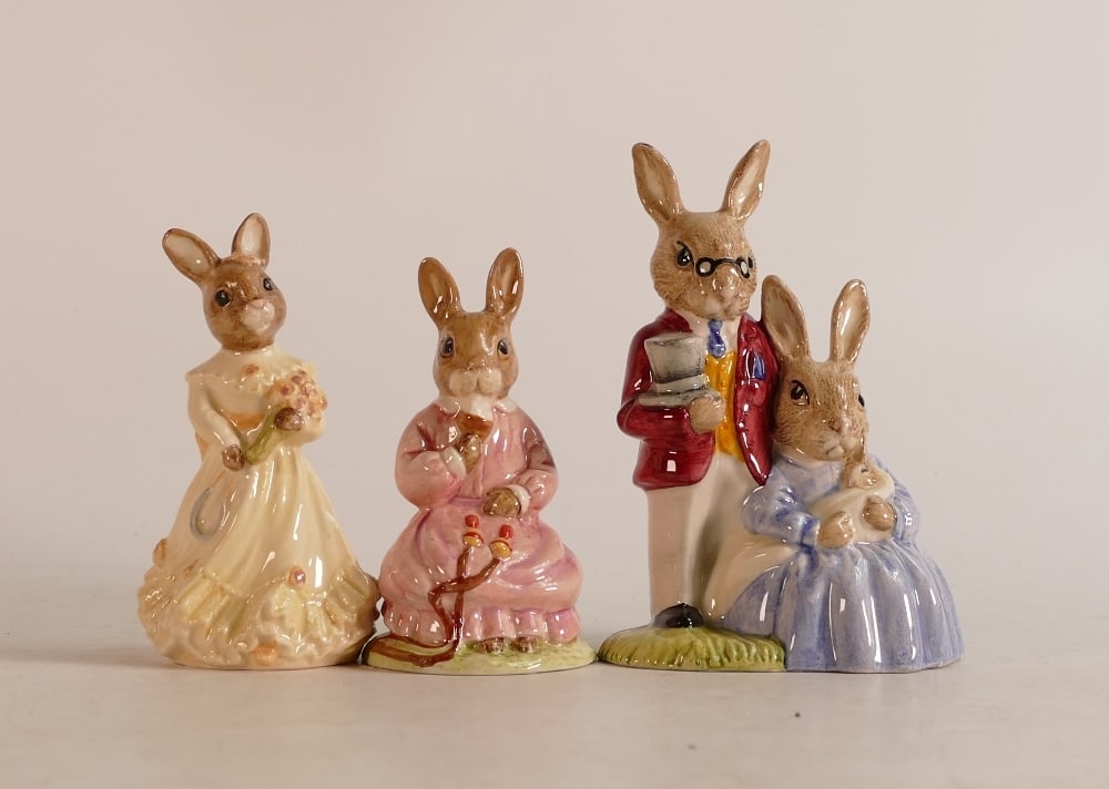 Royal Doulton Bunnykins figures Father, Mother and Victoria DB68, Bridesmaid DB173 and Polly DB71, (1 of 2)