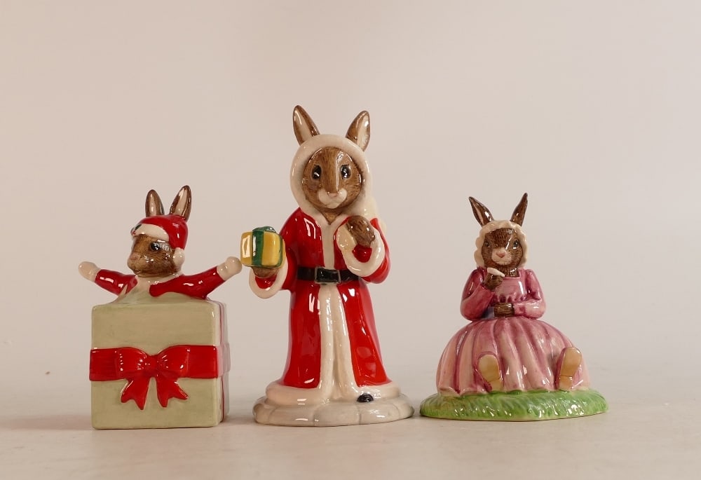 Royal Doulton Bunnykins figures Christmas Surprise DB146, Father Christmas DB237 and Polly DB402, (1 of 2)