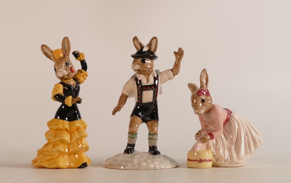 Royal Doulton Bunnykins figures Tyrolean Dancer DB242, Ballerina DB176 and Flamenco DB256, boxed (3) (1 of 2)