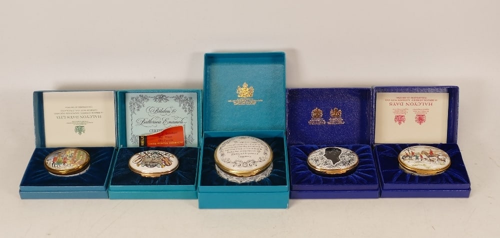 Bilston & Battersea enamelled lidded boxes to include Cartier Bicentenary of Independence , 1975: Bilston & Battersea enamelled lidded boxes to include Cartier Bicentenary of Independence , 1975 Christmas box , Boxing day meet 1979 , The Trout by Schubert musical box , Baron Britton of Aldebur