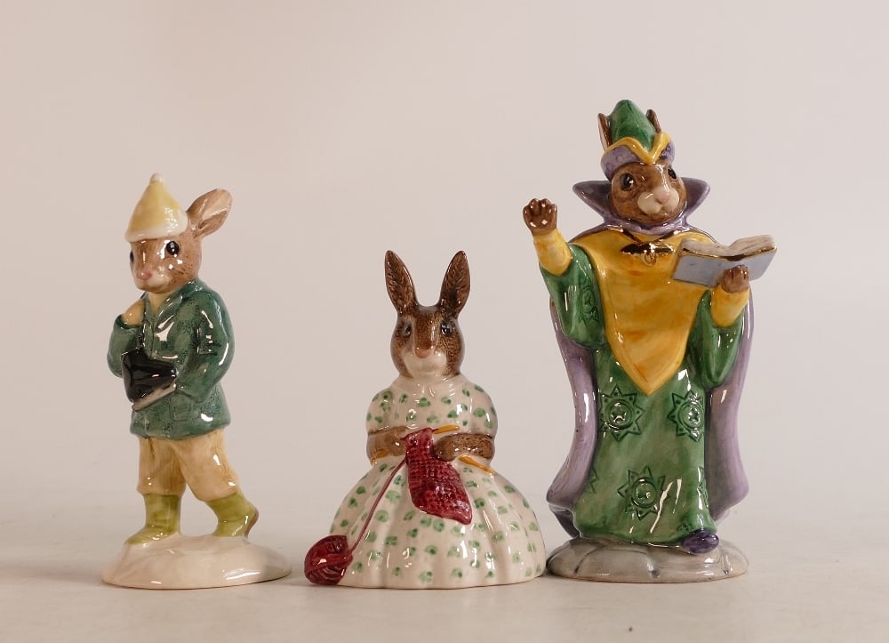 Royal Doulton Bunnykins figures Mystic DB197, Boy Skater DB152 and Busy Needles DB10, boxed (3) (1 of 2)