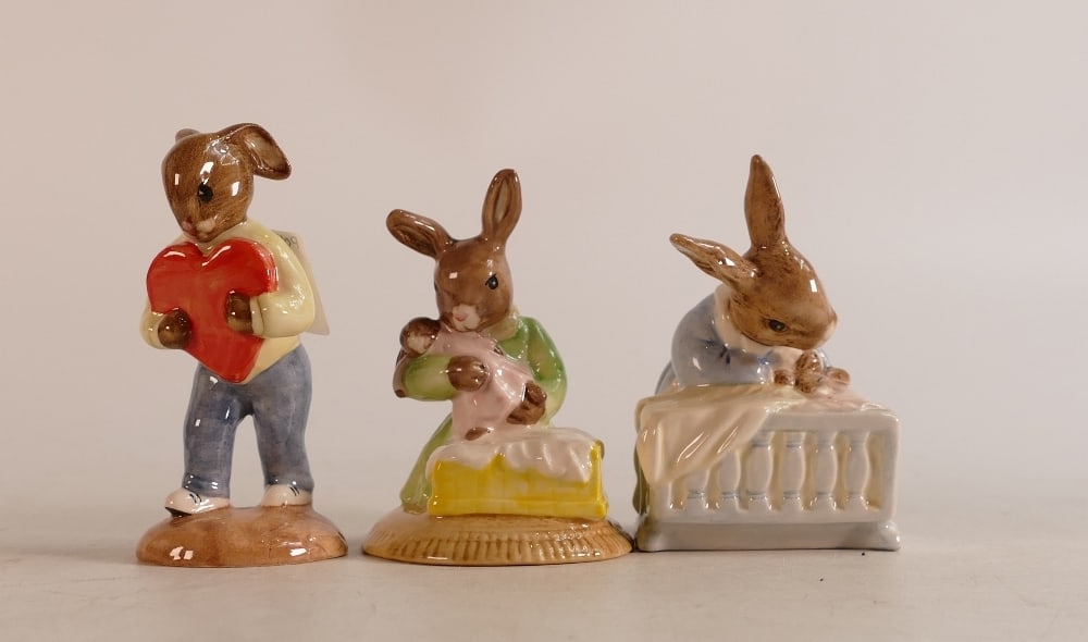 Royal Doulton Bunnykins figures Sweetheart DB130, New Baby DB158 and Sweet Dreams DB276, boxed (3) (1 of 2)