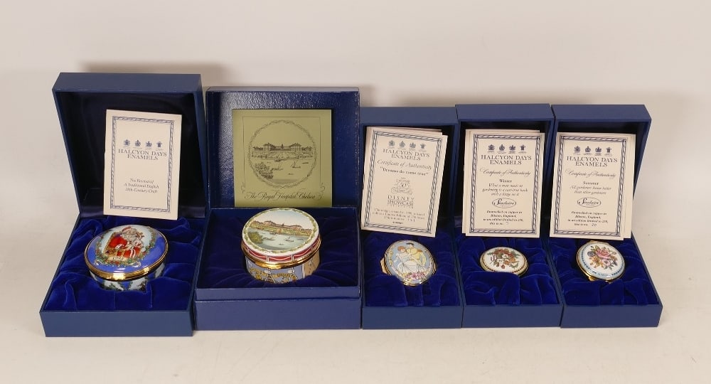 Halcyon days enamelled lidded boxes to include Lucy Zahran & Co , Royal Hospital Chelsea ,: Halcyon days enamelled lidded boxes to include Lucy Zahran & Co , Royal Hospital Chelsea , Summer , Dreams do come true , Winter . All boxed (5)