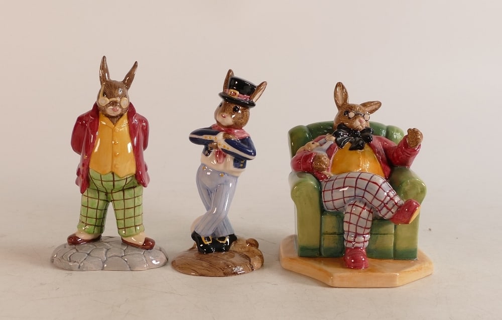 Royal Doulton Bunnykins figures Hornpiper DB261, Once Upon a Time DB411 and Father DB404, boxed (3) (1 of 2)