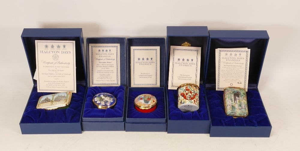 Halcyon days enamelled lidded boxes to include Impressionist Garden, State visit to Italy,: Halcyon days enamelled lidded boxes to include Impressionist Garden, State visit to Italy, Hibiscus on a terrace July, November roses, Floral Disney Mickey mouse. All boxed (5)