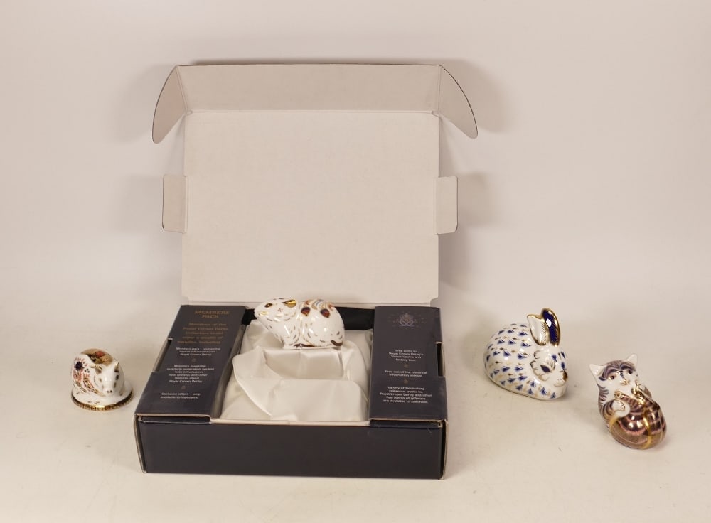 Royal Crown Derby paperweights Bank Vole, Piglet, Rabbit and Playful Kitten, gold stoppers, each (1 of 1)