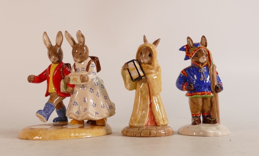 Royal Doulton Bunnykins figures Sands of Time DB299, Off to School DB498 and Winter Lapland DB297, (1 of 2)