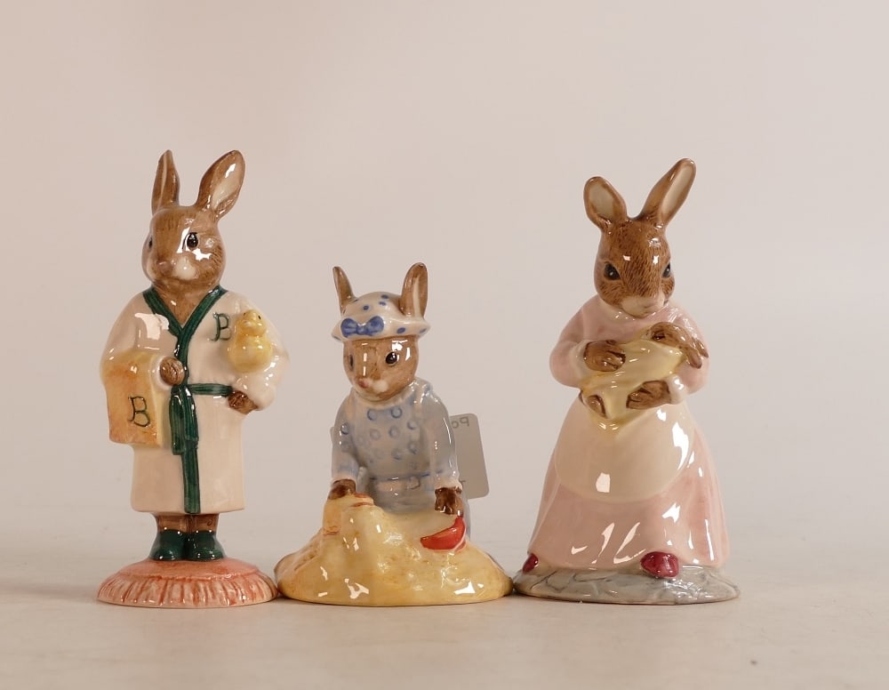 Royal Doulton Bunnykins figures Seaside DB177, Bathtime DB148 and Mother and Baby DB167, boxed (3) (1 of 2)