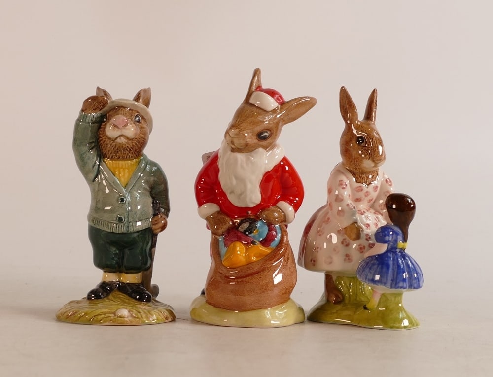 Royal Doulton Bunnykins figures Santa DB17, Playtime DB8 and Sundial DB213, boxed (3): Royal Doulton Bunnykins figures Santa DB17, Playtime DB8 and Sundial DB213, boxed (3)
