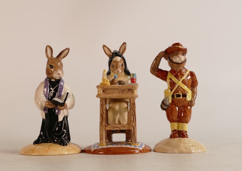 Royal Doulton Bunnykins figures Vicar DB254, Digger DB248 and Sister Mary Barbara DB334, boxed (3): Royal Doulton Bunnykins figures Vicar DB254, Digger DB248 and Sister Mary Barbara DB334, boxed (3)