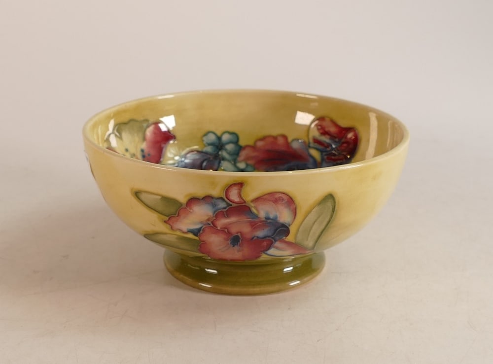 Moorcroft Orchid bowl on yellow / green faded ground. Diameter 16cm (1 of 3)