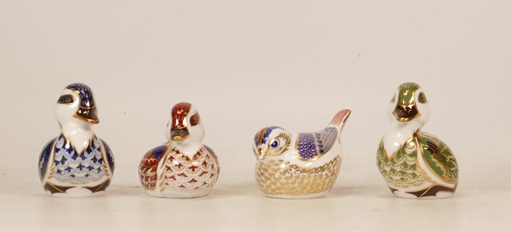 Royal Crown Derby paperweights Swimming Duck, Blue Duck, Green Duck and Goldcrest, gold stopper (4) (1 of 1)