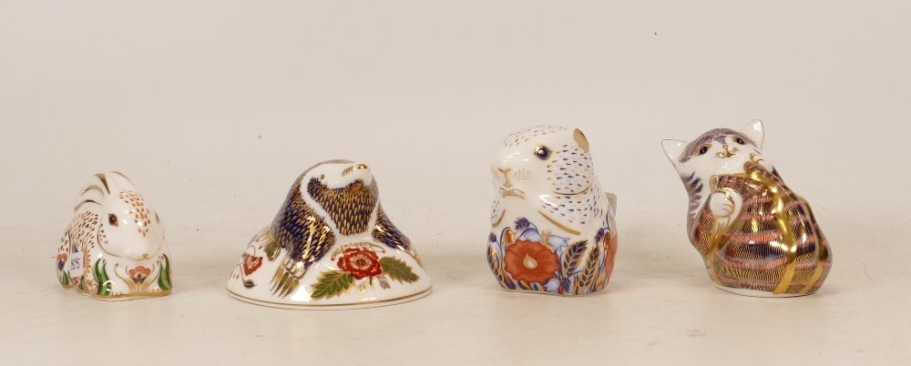 Royal Crown Derby Paperweights Poppy Mouse, Playful Kitten, Mole and Baby Rowsley Rabbit (with: Royal Crown Derby Paperweights Poppy Mouse, Playful Kitten, Mole and Baby Rowsley Rabbit (with cert), all boxed, gold stopper (4)